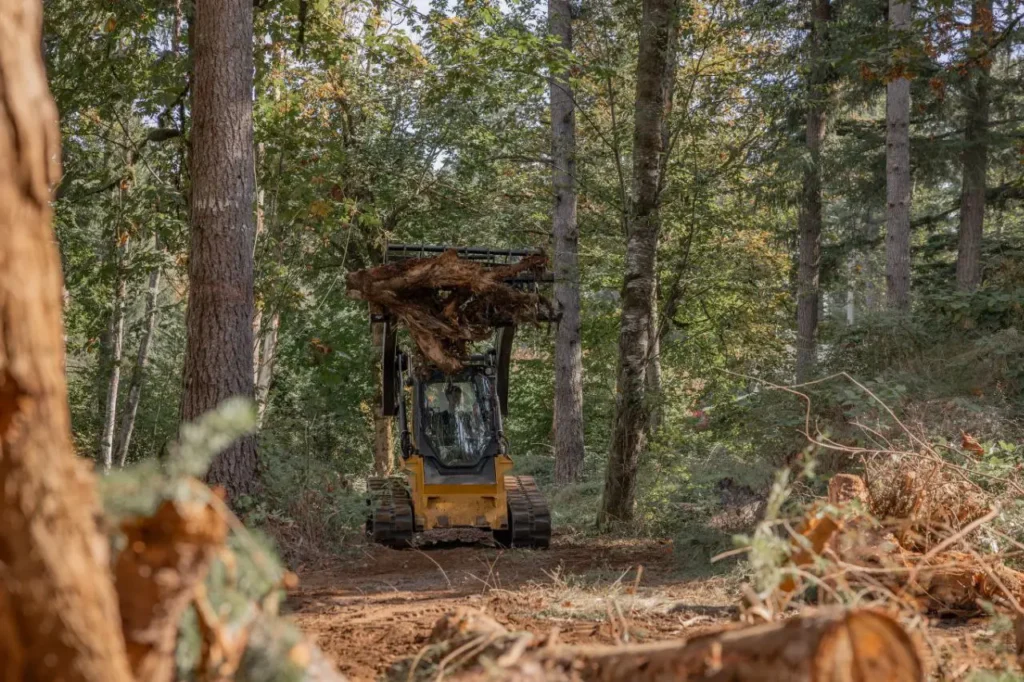 A bulldozer clearing a forest area with a pile of dry branches