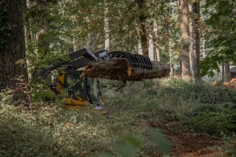A bulldozer clears land with a log in its paws, side view